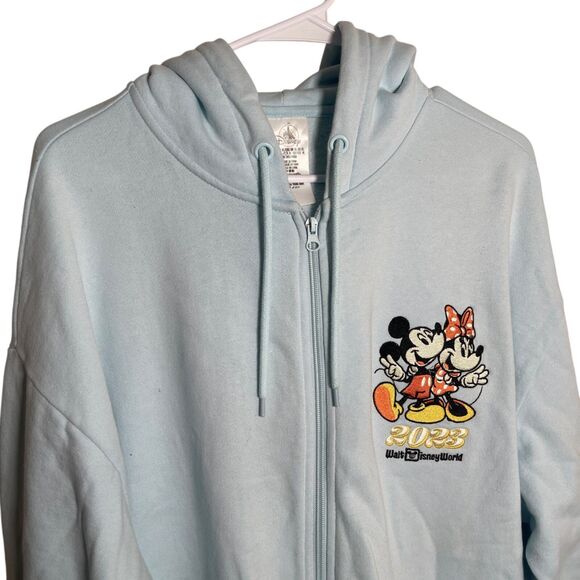 Disney Parks Mickey and Minnie Hoodie Zip Sweatshirt Adult XL Light Blue 2023 - Picture 8 of 8